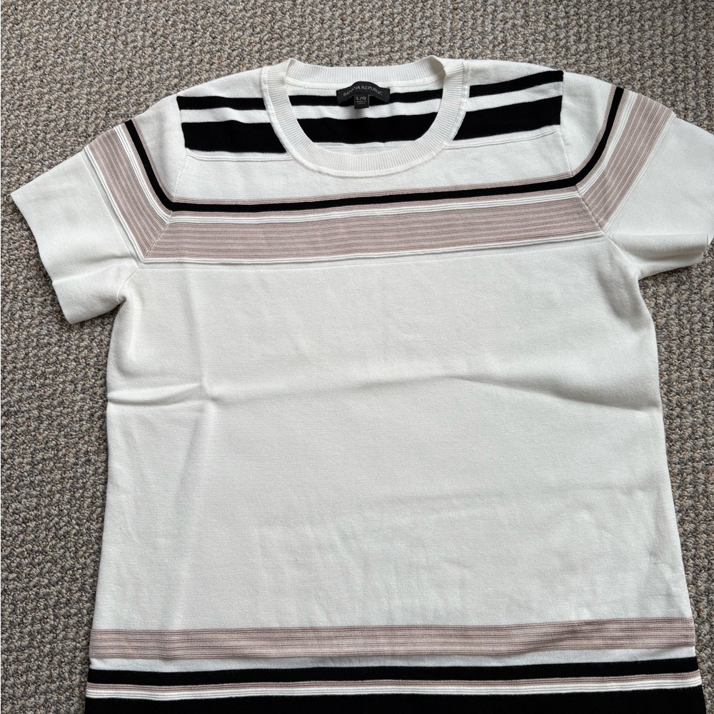 Banana Republic Black, White, and Cream Striped Knit Tee